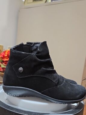 Naot Black Suede Ankle Bootie with Side Snap Detail